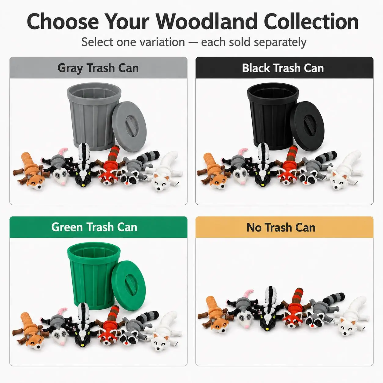 Articulated Woodland Animal Figurines - 6-Piece Raccoon, Fox, Skunk, Opossum, Red Panda & Arctic Fox Set