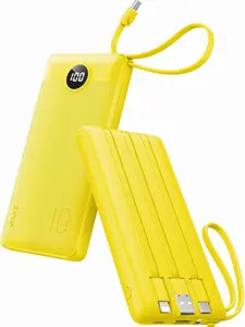 VRURC 10000mAh Power Bank with 4 Built-in Cables USB-C Portable Charger LED Display for iPhone Samsung Android Yellow
