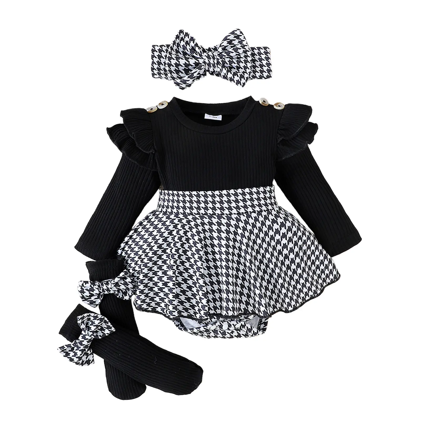 Newborn Baby Girls Spring Romper Dress Long Sleeve Houndstooth Print Skirted Bodysuit +Headband +Socks 3pcs Infant Clothes