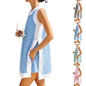 SCUSTY Women's Gingham Plaid 2 Piece Sets Casual Color Block Crew Neck Sleeveless Plaid Pullover Tops Matching Shorts with Pockets