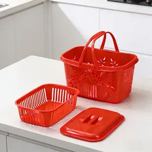 1PC Durable Plastic Shopping Basket with Lid and Inner Sieve, Outdoor Camping Picnic Storage Basket, Multi-Use Store Basket for Home Office