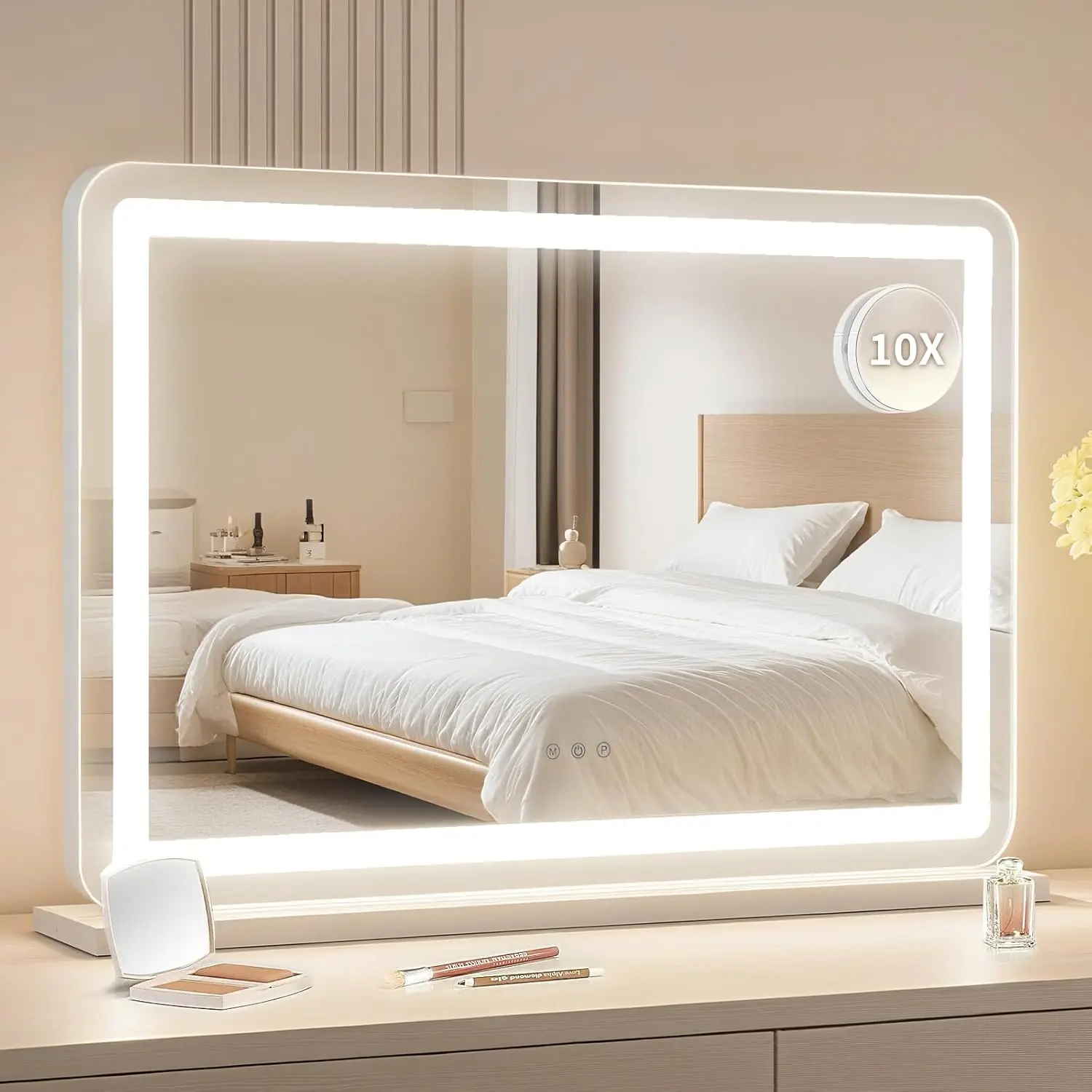 30.15"x20.19" Lighted Makeup Mirror，Led Makeup Mirror,Three Color Lighting Modes, and 10X Magnification Mirror, Smart Touch Control,2-in-1 Tabletop & Wall-Mounted Vanity Mirror