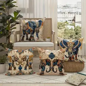 Bohemian Elephant Print Pillow Covers Set of 4, 45x45cm, Short Plush Material, Hidden Zipper, Indoor Outdoor Decor