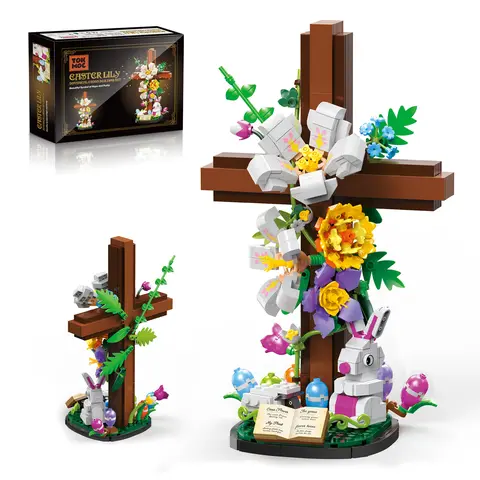 TOKMOC 694-Piece Smooth-Edge Cross Flower Model Building Blocks, Easter Rabbit Stacking Blocks Model Building Kits, Religious Collectibles for Christian Gifts (Ages 12+)