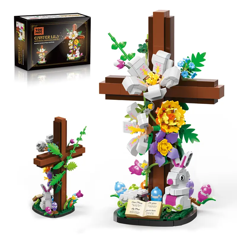 TOKMOC 694-Piece Smooth-Edge Cross Flower Model Building Blocks, Easter Rabbit Stacking Blocks Model Building Kits, Religious Collectibles for Christian Gifts (Ages 12+)