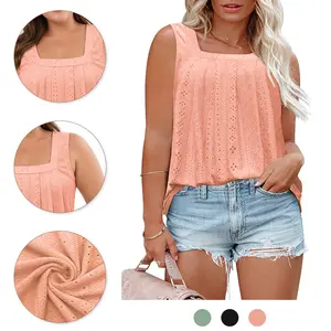 VOGARCE Plus Size Summer Tank Top Flattering Square Neck Sleeveless Tunic Lightweight Eyelet Blouse Beach Vacation Casual Outfit RPS2078 Cute Elegant