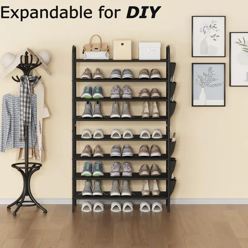 INGIORDAR Adjustable Stackable Shoe Rack - Multi-Tiered Vertical Stack 3-6 Tier Cabinet-Style Fabric Shelf with Straight Bar & Steel Frame, 10-Minute Tool-Free Assembly, 25.59"-27.95"h x 11.41"w for Footwear Organization, Entryway Home