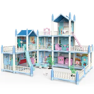 deAO Dollhouse Dreamhouse - 3 Story 11 Rooms DIY Building Pretend Play House with Accessories Furnitures with Outdoor Space Open Sided Princess Castle Playset