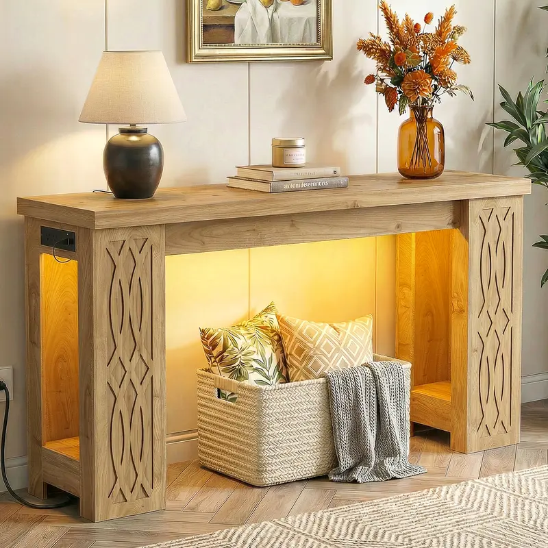 Cyclysio 47in Width Farmhouse Wooden Console Table - Rustic Hallway Entryway Table with RGB LED Light, Power Outlets, USB Ports, Unique Carved Design for Living Room Decor, Holidays, Parties