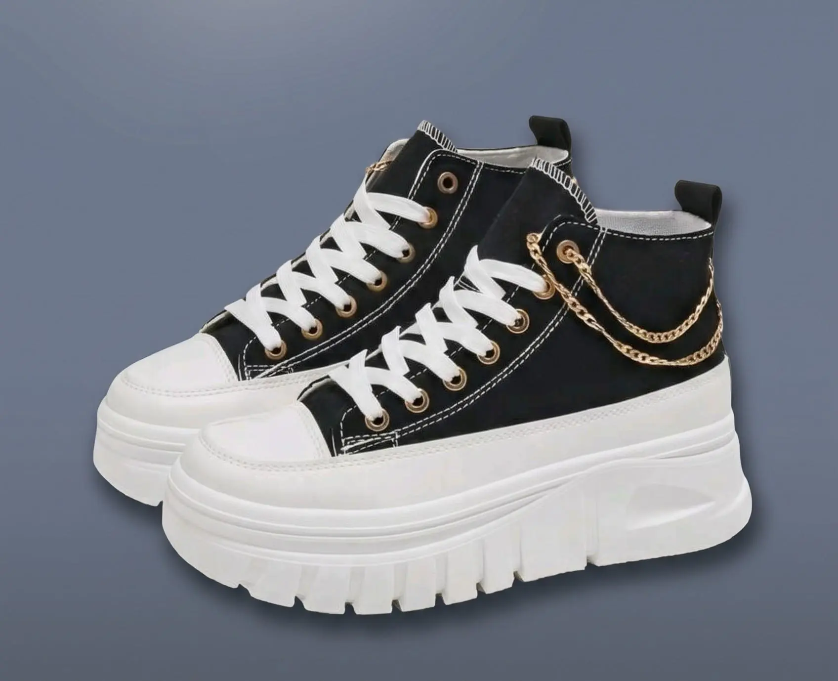 Women's Chunky Platform Footwear - Thick-Sole Mid-Top Casual Trainers with Gold Chain Detail, Elevated Streetwear Fashion Shoes