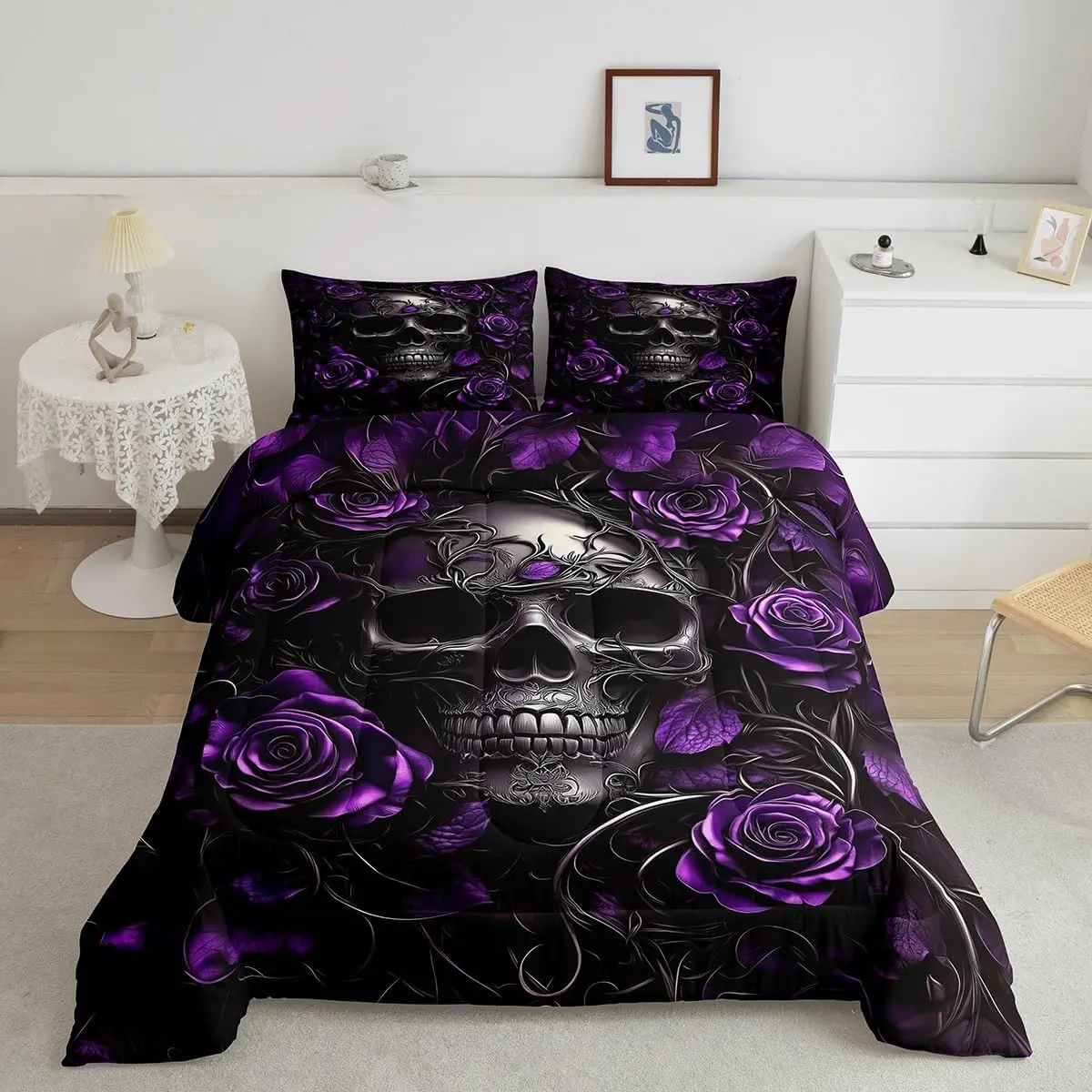 Feelyou Gothic Skull Bedroom Bedding Set, Adult Halloween Goth Comforter, Vintage Victorian Romantic Rose Floral Quilt, Spooky Grunge Skeleton Boho Horror Decorative Bedding, Decorative Bedding Set