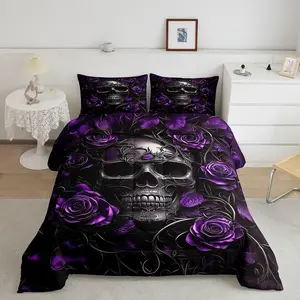 Feelyou Gothic Skull Bedroom Bedding Set, Adult Halloween Goth Comforter, Vintage Victorian Romantic Rose Floral Quilt, Spooky Grunge Skeleton Boho Horror Decorative Bedding, Decorative Bedding Set