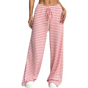 Women's Wide Leg Pants Striped Elastic High Waisted Casual Knit Palazzo Pants Drawstring Lounge Pajama Trousers