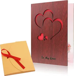 Handmade Walnut Wood Love Greeting Card with Unique Gift Card Box The Best Valentine's Day, Anniversary Birthday Gift Idea Card for Her, Him, Wife, Husband