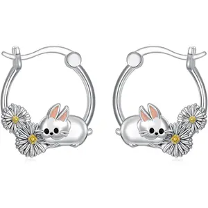 Bunny Hoop Earrings for Women 925 Sterling Silver Rabbit Earrings with Daisy Flower Cute Animal Jewelry Gifts for Mother's Day