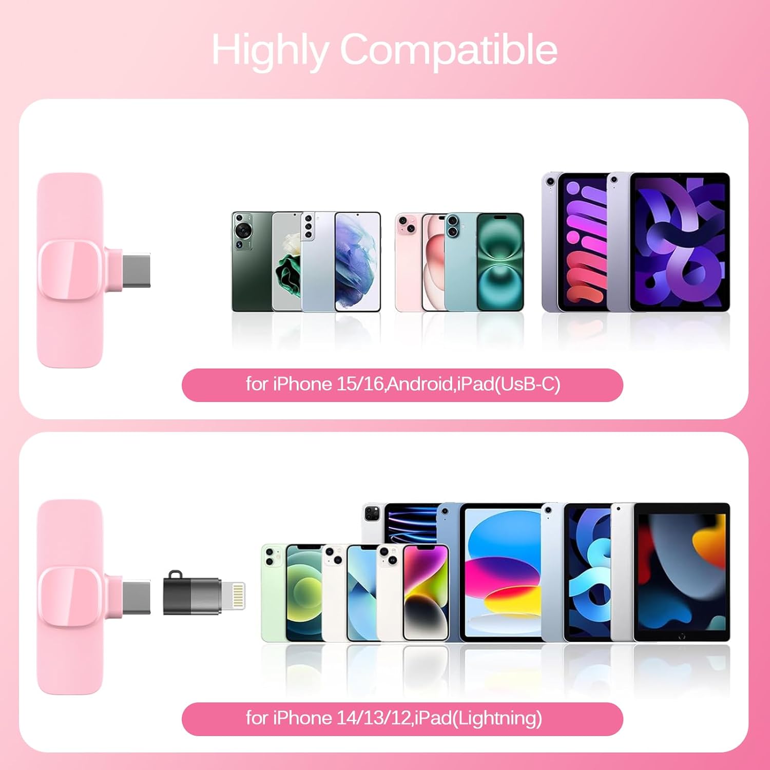 Pink Wireless Lavalier Microphone for iPhone & Android - Mini Clip-On Mic with Noise Cancellation, 65ft Range, 8H Battery, USB-C/Lightning - for TikTok, YouTube, Podcast, Live Streaming Pink Wireless Lavalier Microphone for iPhone & Android - Mini Clip-On Mic with Noise Cancellation, 65ft Range, 8H Battery, USB-C/Lightning - for TikTok, YouTube, Podcast, Live Streaming