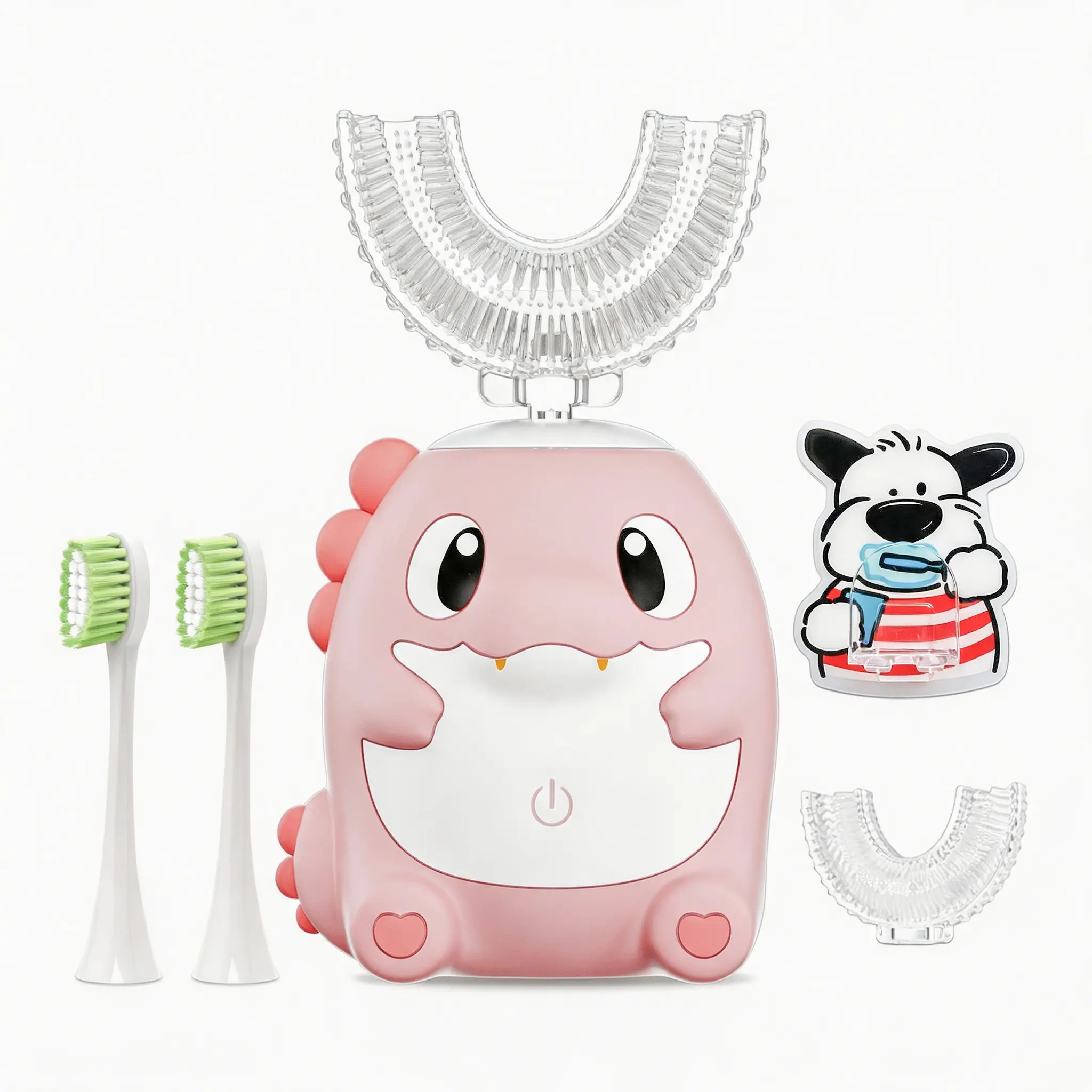 Kids U-Shaped Electric Toothbrush with Wall Mount & 4 Brush Heads, 360° Ultrasonic Toddler Toothbrush, Rechargeable Automatic Dinosaur Toothbrush with 2 U-Shape & 2 Soft Bristle Heads, Pink