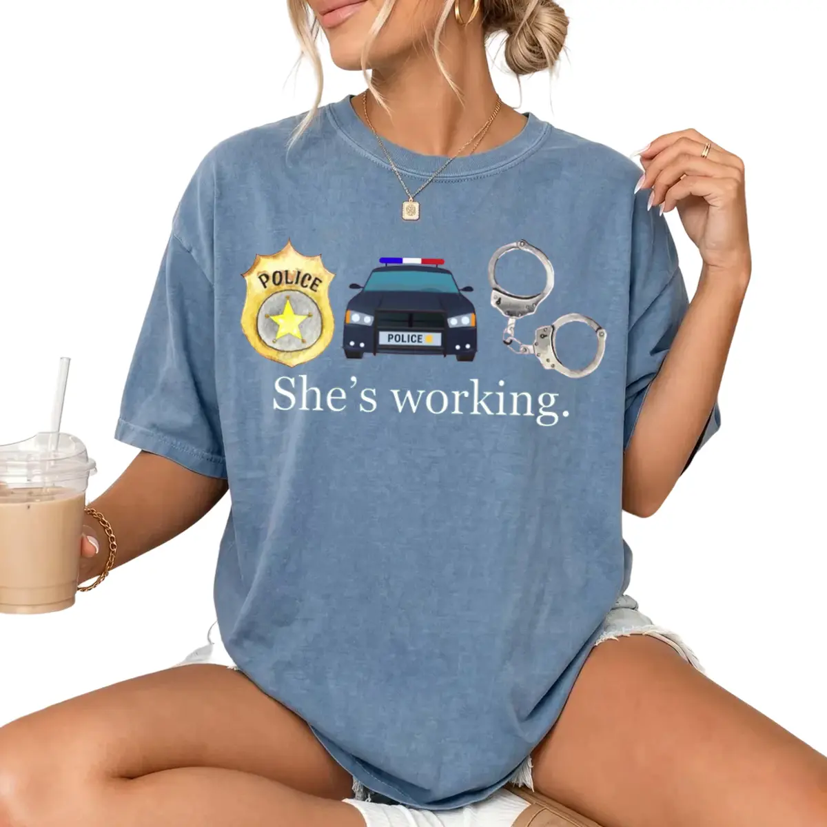 She’s Working Police Officer T-Shirt, Law Enforcement Girlfriend Crewneck