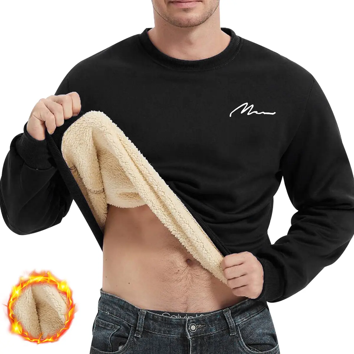 Men's Casual Warm Fleece-Lined Pullover, Solid Color Slim Fit Athletic Round Neck Sweatshirt for Fall and Winter, Mensfashion, Sporty Chic, Fitted, Activewear Men's Sweatshirts, Athletic Men's Sweatshirts