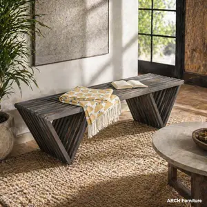 Minimalist Triangular Geometric Arch Metropoli Indoor Bench, 63x16.5in Acacia Wood Bench with Open Slats & Solid Frame, Stylish Indoor Furniture for Living Spaces