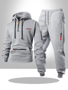 Men's Hoodie Set Long Sleeve 2 Piece Classic Letter Print, Casual Fitted Drawstring Joggers, Fall & Winter Kint Fabric, Pocket Design