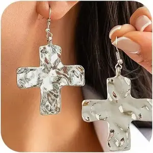 Chunky Big Hammered Cross Drop DangleEarrings for Women Trendy, Bold Thick Large Cross Hook Earrings Dainty Faith Chain