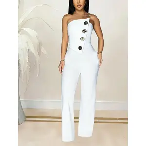 Elegant Women's Sleeveless Button Jumpsuit - Chic One-Shoulder Design, Flared Leg Pants, Polyester Blend, Machine Washable, Perfect for Spring/Summer
