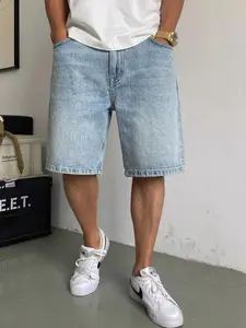 Men's Casual Loose Wide Leg Denim Shorts, All Seasons Street Style, Pure Color Pocket Design, Versatile Straight Fit Jeans