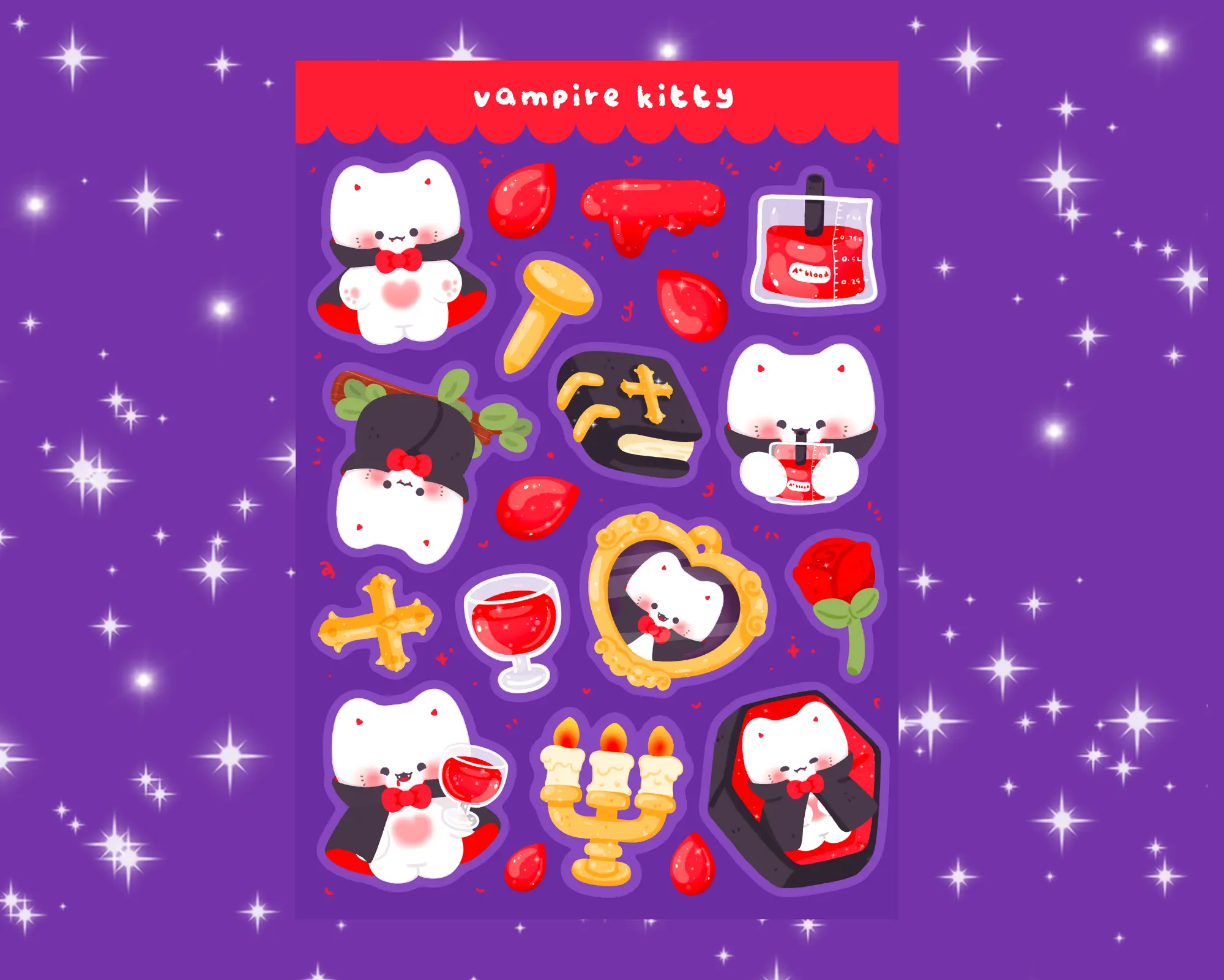 Kawaii Cat Vampire Sticker Sheet, Cute Gothic Cat Sticker Set, Halloween Kawaii Cat Decals, Vampire Kitty Vinyl Sticker Pack, Cute Dark Aesthetic Cat Stickers