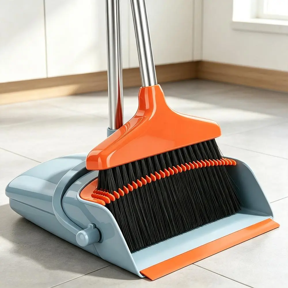 Broom and Dustpan Set Consistent Sweeping Power Uniform Bristle Arrangement Durable Steel Handle For Lobby Kitchen Apartment Indoor Tidying Gray & Orange