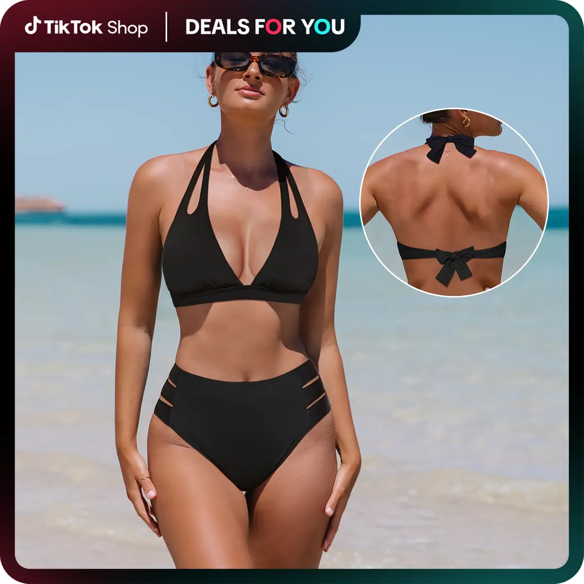 【swimsuits clearance】Popvil Black Monochrome Cut Out High Waisted Halter Bikini Set with Removable Paddings,Great Supportive Materials, Modest Bathing