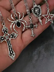 Y2K Vintage Punk Rock Necklace Set, Charms Necklace, Includes Decorative Spider Web Cross Stars Mirror and Cross, Fashion Jewelry for Women