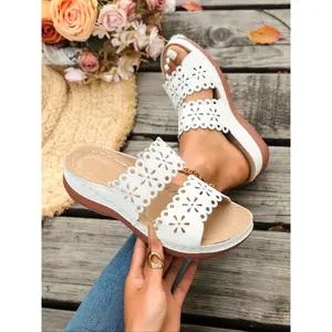 Women's 2026 Summer Vacation Essential Eyelet Cutout Double Strap Wedge Slide Floral Sandals, Comfort Footwear for Beach, Poolside & Casual Summer Days