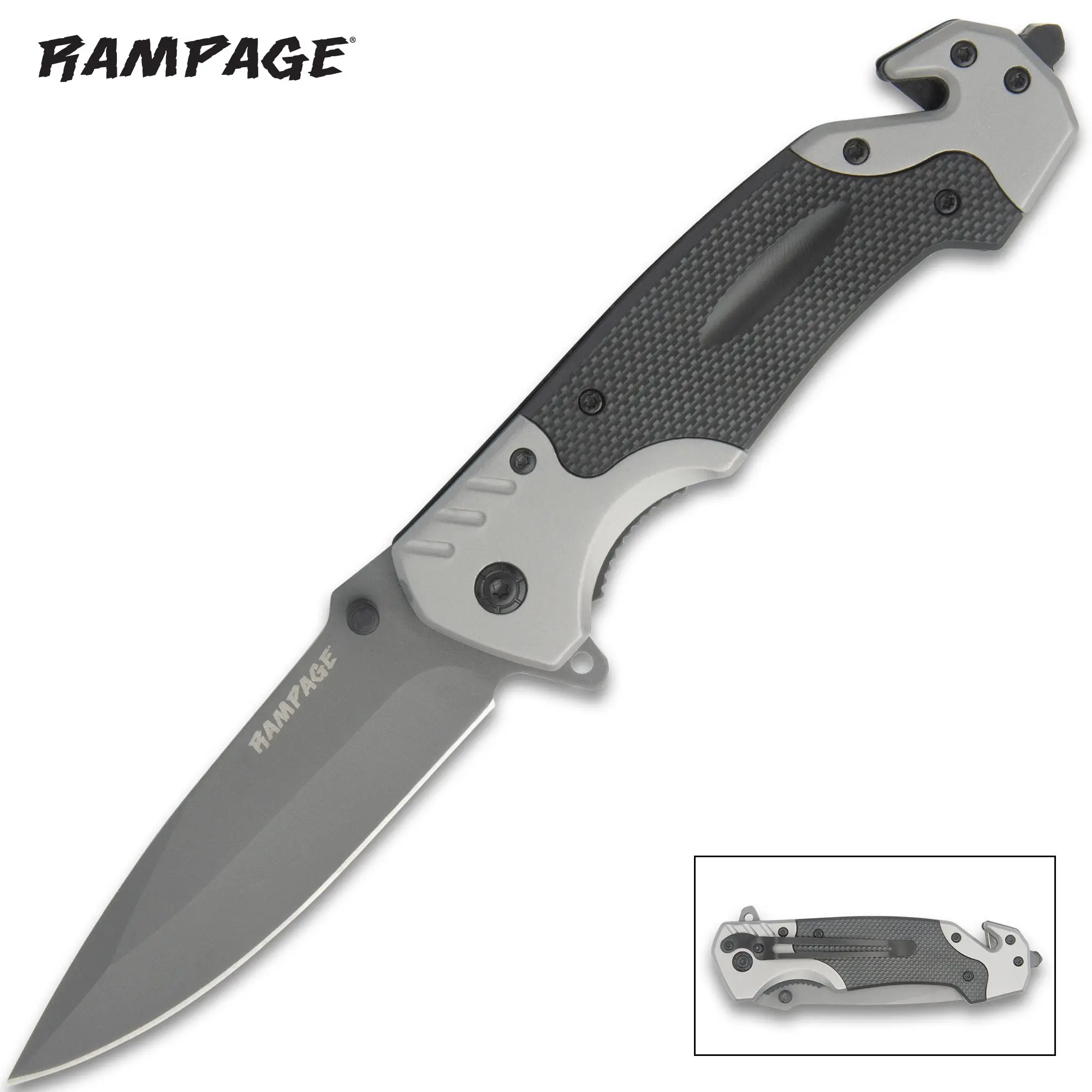 Rampage Rapid-Response Folding Pocket Knife - Survival Gear, Stainless Steel 3 3/4 in Blade, 9 in Overall Length, G10 Handle, Pocket Clip, Glass Breaker, Seat Belt Cutter, Folding Pocket Knives