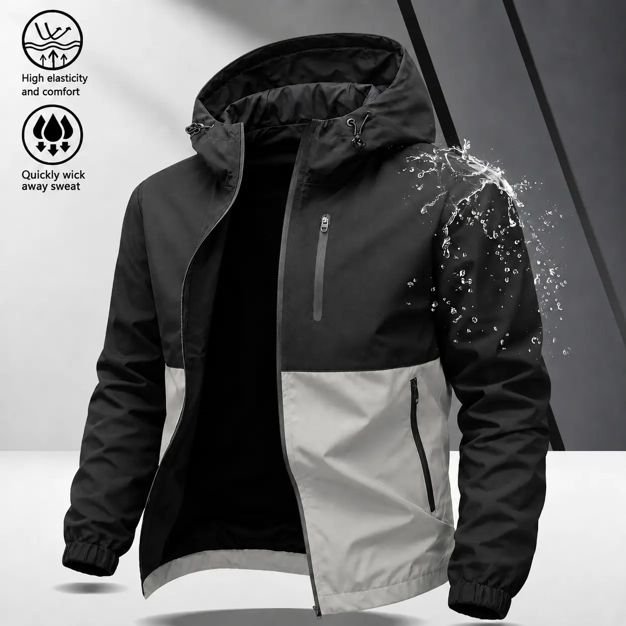 Men’s color-block outdoor hardshell jacket, waterproof and windproof contrast-zip outerwear with multiple zippered pockets and an adjustable drawstring hood, functional men’s mountaineering casual top for autumn/winter