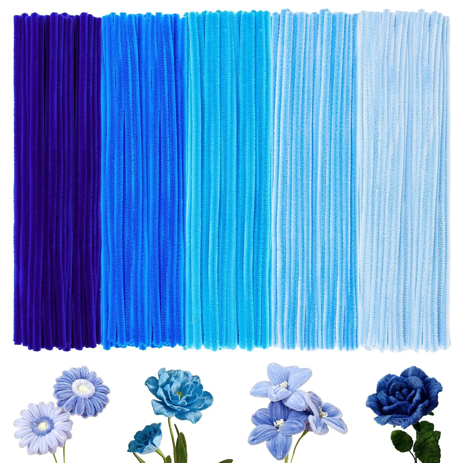 Bulk Gradient Blue Chenille Stems Craft Supplies - 500 Count, 8mm Thick, 12 inches Long, Fuzzy Wire Sticks for Halloween, Christmas Decorations, Holidays, Bouquet Making