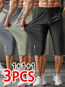 Men’s 3-Pack Summer Ice Silk Knee-Length Shorts, High Elasticity, Casual Design, Solid Color, Drawstring Waist, Zippered Pockets, Suitable for Sports and Everyday Wear