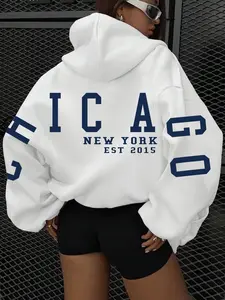 Women's Chicago Letter Print Long Sleeve Casual Hooded Sweatshirt, Comfortable Loose Fit, Fashion Versatile Sportswear, All Seasons