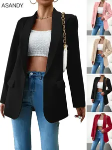 ASANDY Women's Solid Color Button Front Blazer Coat Long Sleeve Fitted Woven Fabric Office Wear Spring Fall Outerwear with Functional Pockets