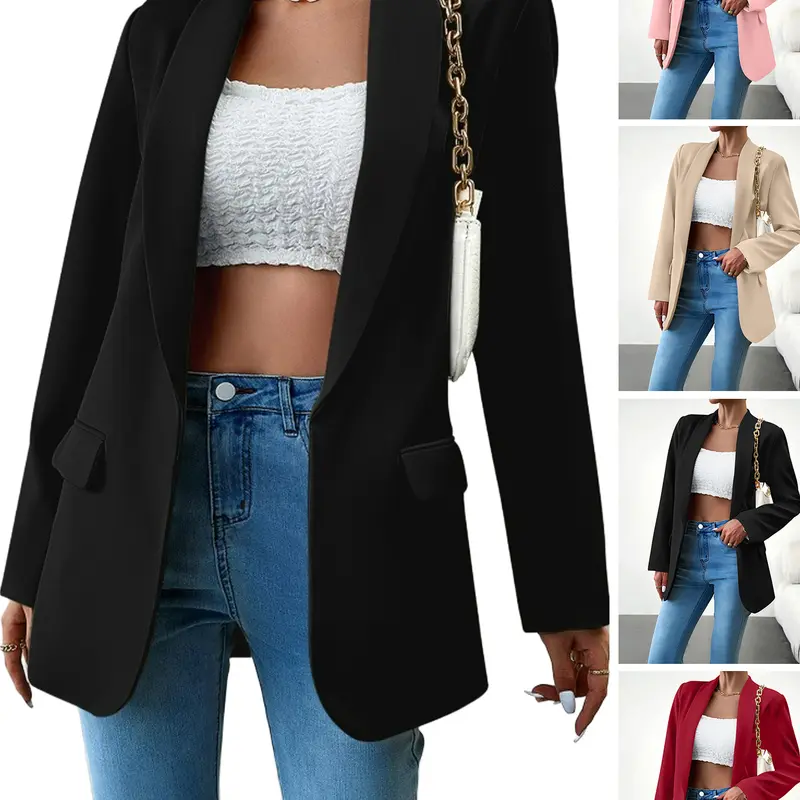 Women's Minimalist Single-Button Fitted Woven Blazer Jacket - Long-Sleeve Outerwear with Hands-Free Pockets, Elegant Above-the-Knee Design, Comfort & Durability for Suits