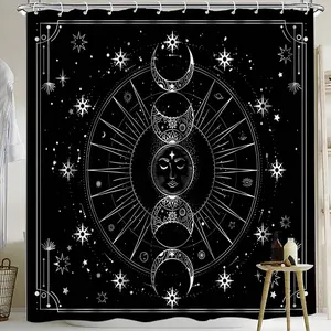 Boho Style Moon & Sun Pattern Bathroom Decor Set, Home, 1 Set Including Shower Curtain & Toilet Lid Cover & U-shaped Mat & Toilet Lid Cover, Bathroom Decor Supplies, Bathroom Decoration Accessories