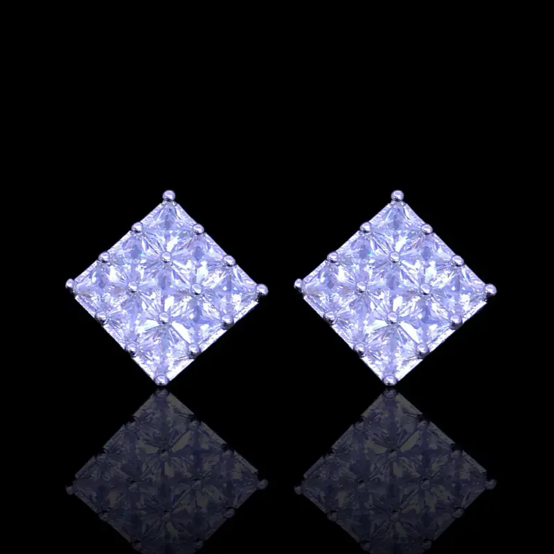 Silver diamond square earrings