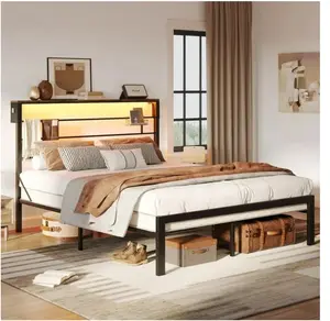 Full Size Bed Frame with 49.2" High LED Storage Headboard Shelf, Metal Platform Bed, Black