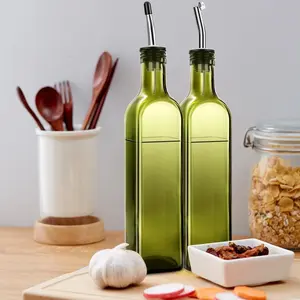 2 Pcs Green Glass Olive Oil Dispenser and Vinegar Dispenser Set with 2 Stainless Steel Pourers, 4 Labels, 1 Funnel (500ml) for Kitchen, Cooking, Salad Dressing, Barbecue, Mixing