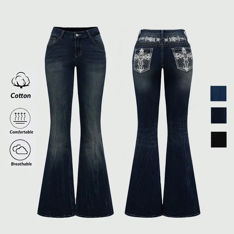 Women's Elegant High Waist Fitted Stretch Denim Flare Pants, Back Pocket Embroidered Rhinestone Decor, Fashionable Casual Jeans, High Waisted Denim, Womenswear