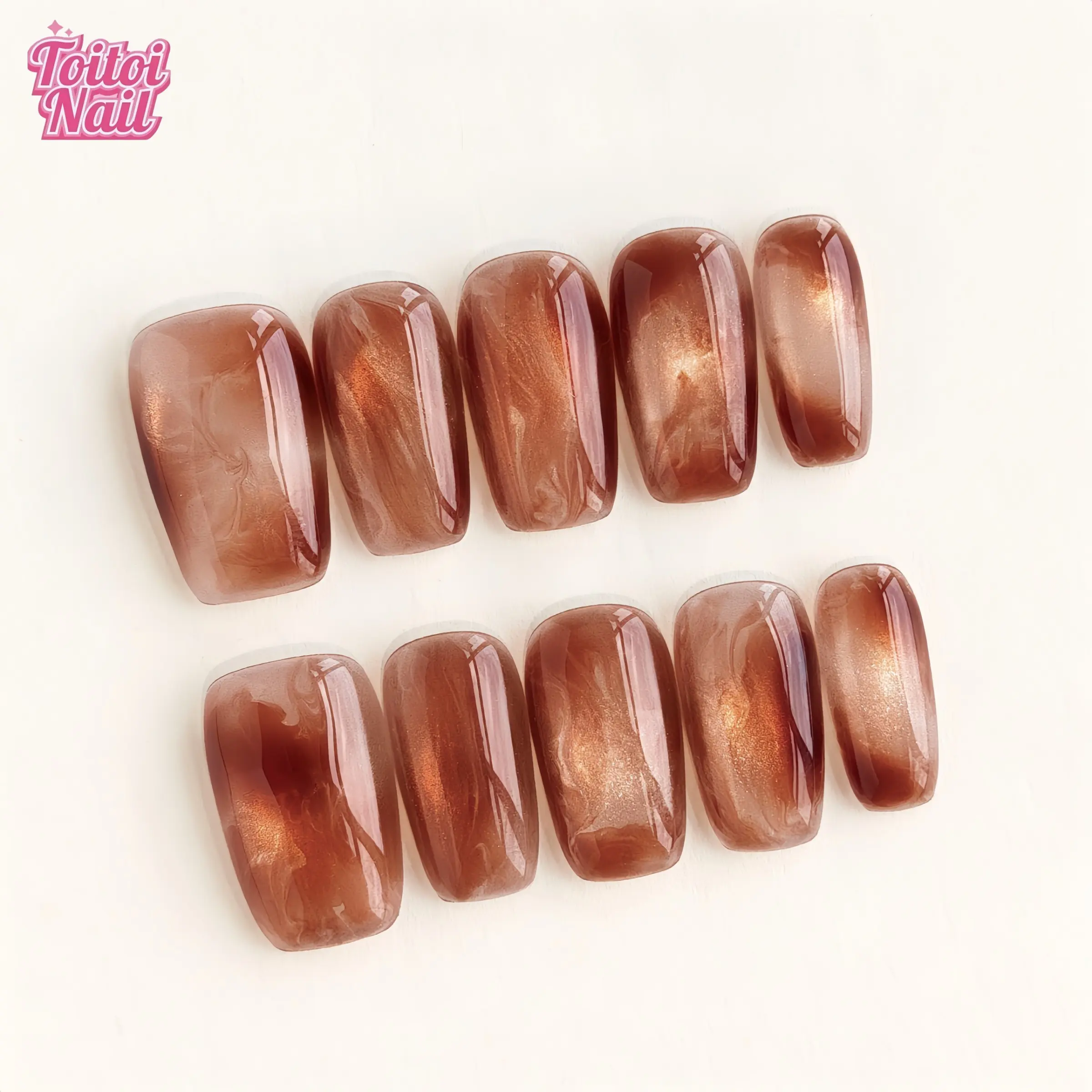 Amber Swirl Handmade Press-On Nails, Diy Fake Nails, Short Square Shape, 10pcs, Luxury Amber Swirl Design, Brown Coffee Base & Sheer Swirl & High Gloss Accents, Reusable DIY Nail Kit for Women, Trendy Nails for Spring, Summer, Dates & Daily Wear