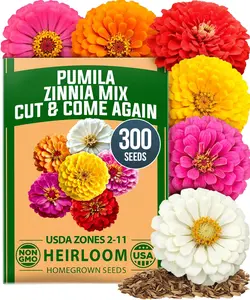 Dwarf Zinnia Seeds Mix - 300 Pumila Zinnia Seeds for 2026 (0.6g) | Zinnia Flower Seeds for Planting Outdoors | Colorful Cut Annual Flowers for Summer Gardens & Containers (Zinnia elegans)