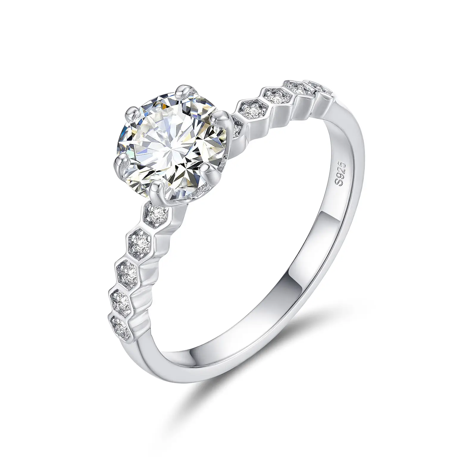 【#R42】925 Sterling Silver Synthetic Moissanite Ring, Women, 6 Prong Setting, D Color, Wedding Jewelry