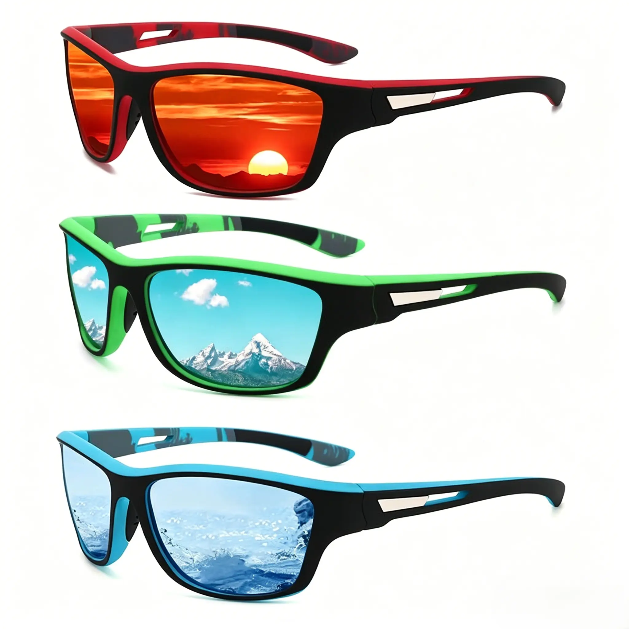Men's Multi-Style Athletic Black Cool-Toned 3-Lens Outdoor Sunglasses, Sporty Black-Blue Wrap Frame, UV Protection Comfortable Performance Eyewear for Motorcycle Riding, Fishing, LED Light Blocking Stickers, Multi-Style Men's Sunglasses, 3-Lens Men's Sung