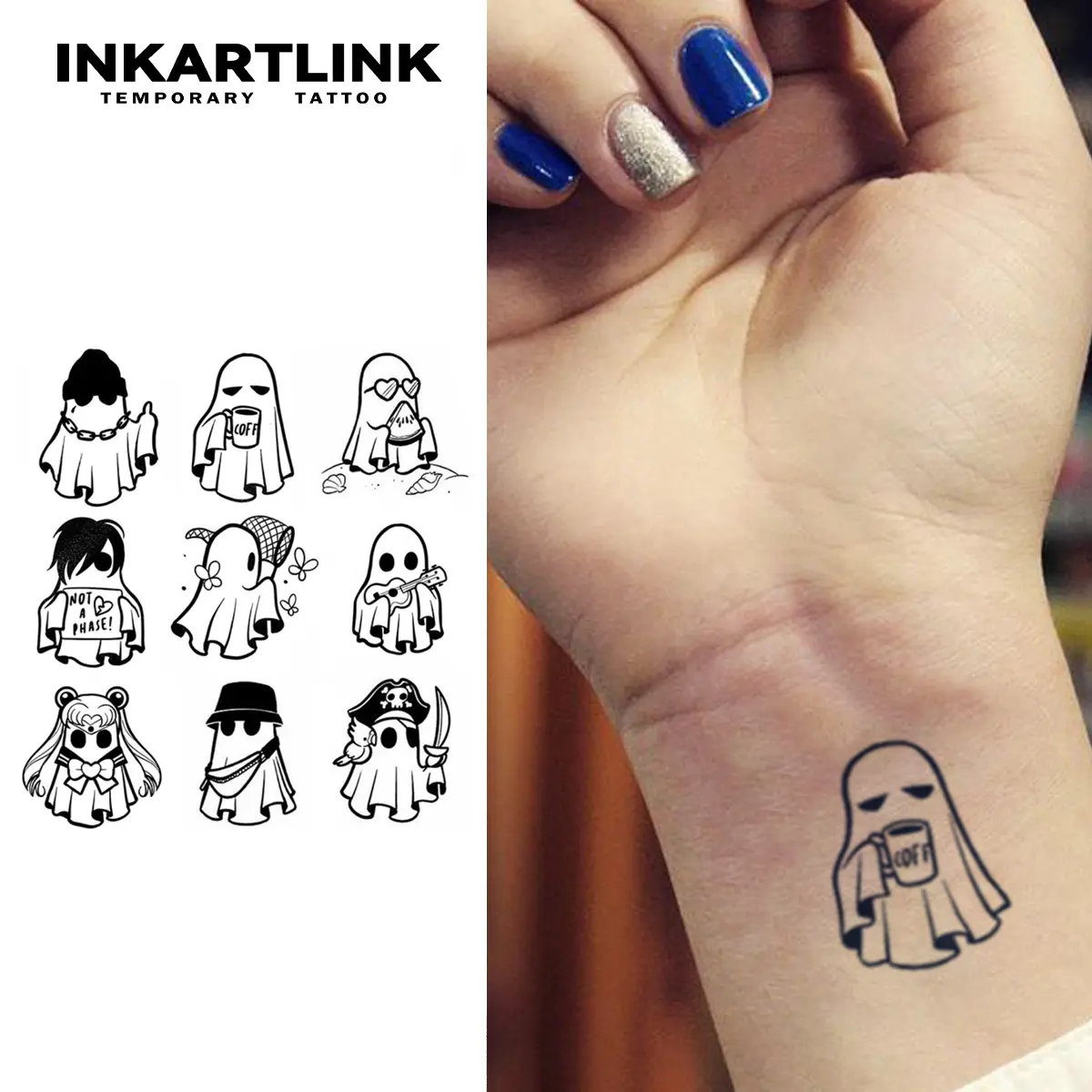 INKARTLINK Tattoo Tech, 2 Sheets Extra-Large Semi Permanent Tattoo, Adult Art Design Temporary Tattoos, Lasts 1-2 Weeks, Waterproof, Realistic Look, No Adhesive, No Reflection (Little Ghost Designs)
